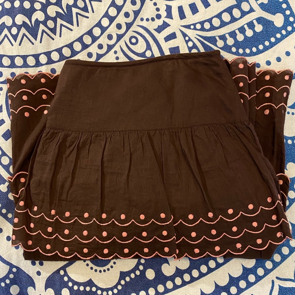 ANTHRO!💚👗ANTHROPOLOGIE IPSA BROWN A LINE SKIRT👗💚11/12 21” PINK EMBROIDERY - Picture 9 of 10